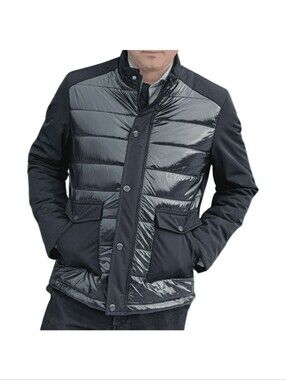 Men's Black Quilted Hybrid Jacket with Stand Collar Size L - fits like M